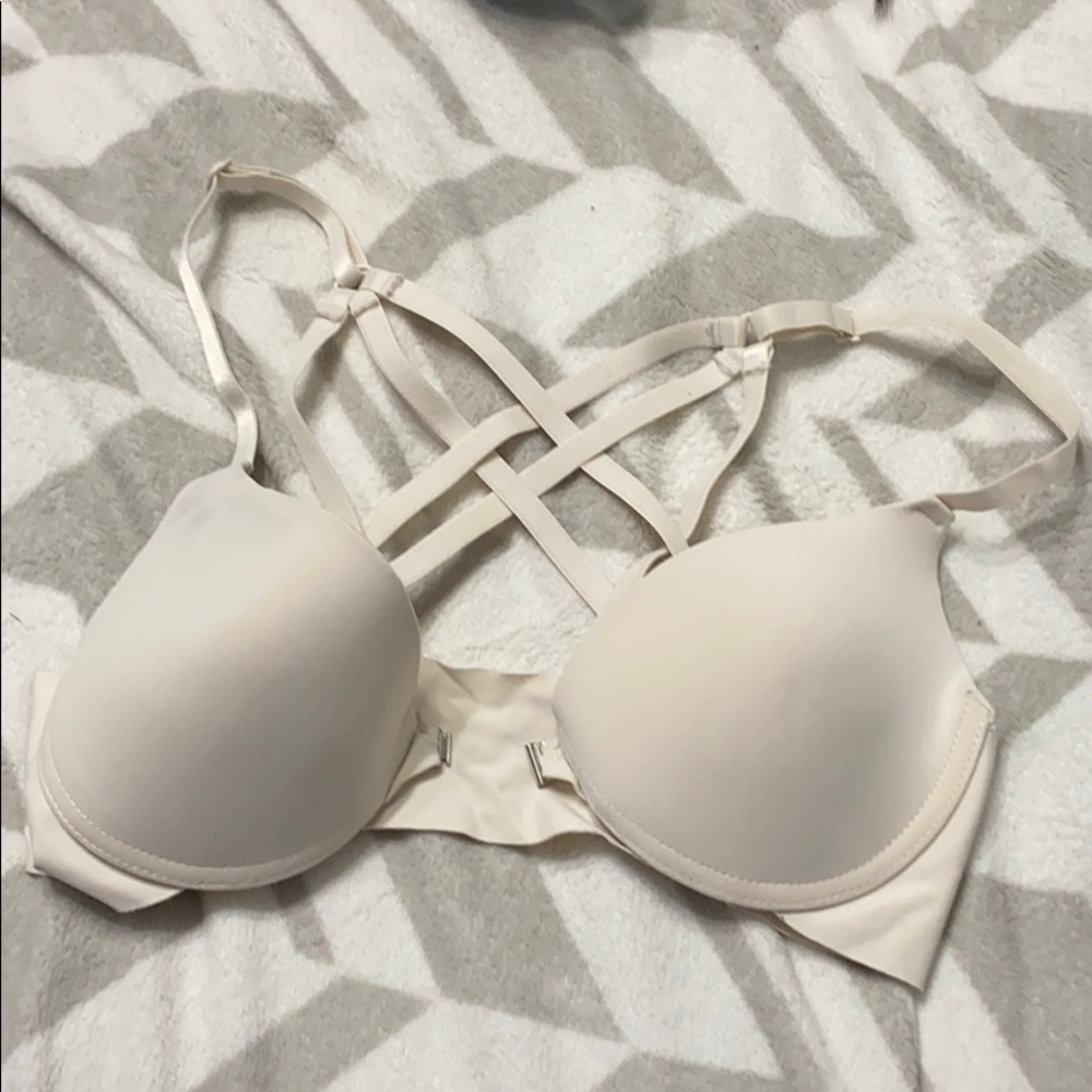 Cream crisscross back front hook bra